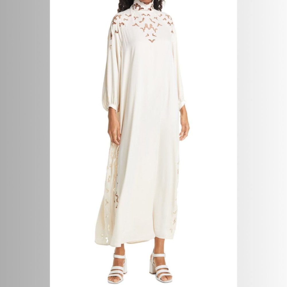 Rodebjer Anouska Long Sleeve Shift Dress Women's Cream Maxi Embroidered …